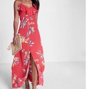 Gorgeous Floral Print Ruffle Button Red Maxi Dress